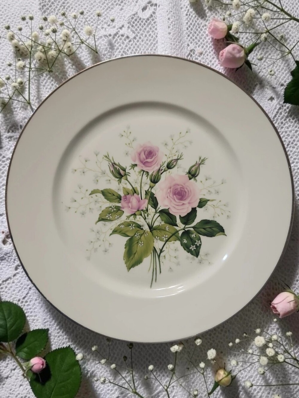 Vtg 1986 Dinner Plate RSO1 Pattern Royal Sovereign USA Pink Roses Baby's Breath